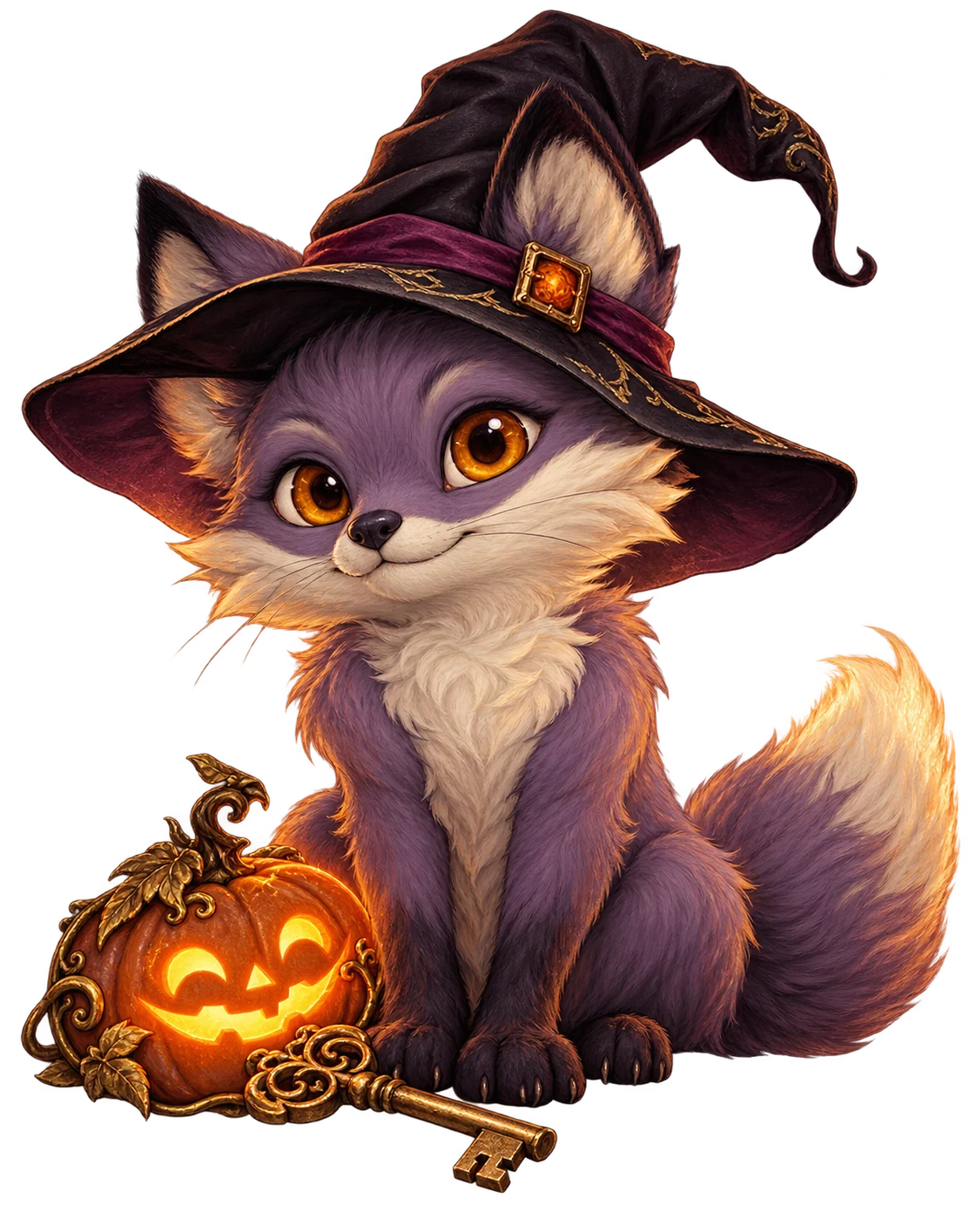Kindle, Ellivien's little purple fox familiar, wearing a witch hat beside a glowing pumpkin and brass key.